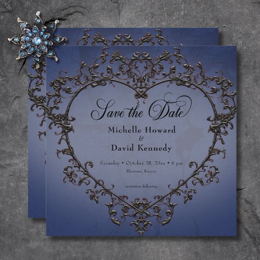 Gothic Black & Blue Filigree Herzenshochzeit Save The Date