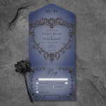 Gothic Black & Blue Filigree Herzessen All In One Einladung<br><div class="desc">Feiern Sie Ihre Liebe in der Pracht der Gotischen Romantik mit unserer faszinierenden Hochzeitseinladung. Mit unserem schwarzen, dreidimensionalen, filigranen Herzrahmen, der fett schwarzen Text mit einem Vintagen, Viktorianischen marineblauen Hintergrund umspannt, verschmelzen dunkle Reize und zeitlose Eleganz. Diese Einladung verströmt einen geheimnisvollen Charme, ideal für Paare, die ihren Hochzeitstag mit einem...</div>