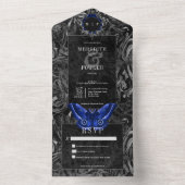 Gothic Black Blue Filigree Moth No Dinner Hochzeit All In One Einladung (Innen Boden)