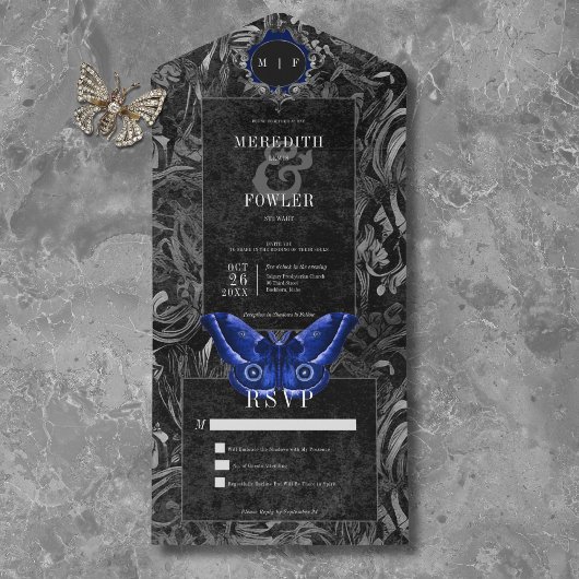 Gothic Black Blue Filigree Moth No Dinner Hochzeit All In One Einladung