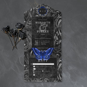 Gothic Black Blue Filigree Motten Hochzeitsessen All In One Einladung