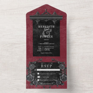 Gothic Black Border 5 & Black Roses Wine No Dinner All In One Einladung