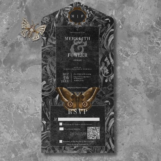 Gothic Black Brown Filigree Moth Dinner Hochzeit All In One Einladung