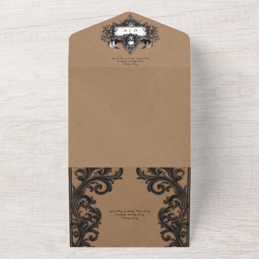 Gothic Black & Brown Halloween Filigree Kein Abend All In One Einladung (Außenbereich)