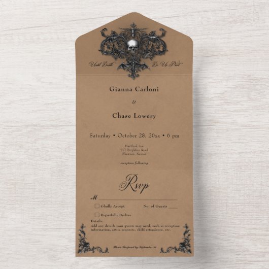 Gothic Black & Brown Halloween Filigree Kein Abend All In One Einladung (Innen Boden)