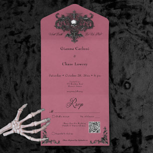 Gothic Black & Burgund Halloween Filigree QR Code All In One Einladung