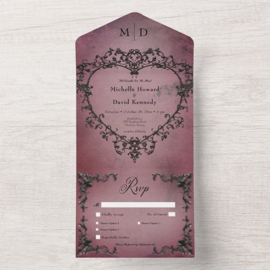 Gothic Black & Burgundy Filigree Herzessen All In One Einladung (Innen Boden)