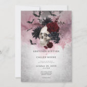Gothic Black & Burgundy Skull & Bats Wedding Einladung (Vorderseite)