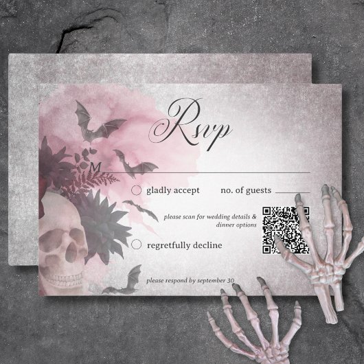 Gothic Black & Burgundy Skull & Spider QR Code RSVP Karte
