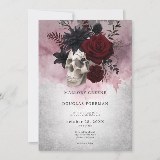 Gothic Black & Burgundy Skull & Spider Wedding Einladung (Vorderseite)