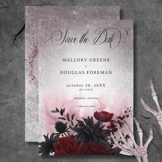 Gothic Black & Burgundy Skull & Spider Wedding Save The Date