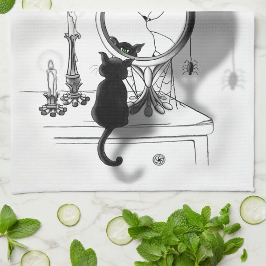 Gothic Black Cat Broken Mirror Halloween Geschirrtuch (Gefaltet)