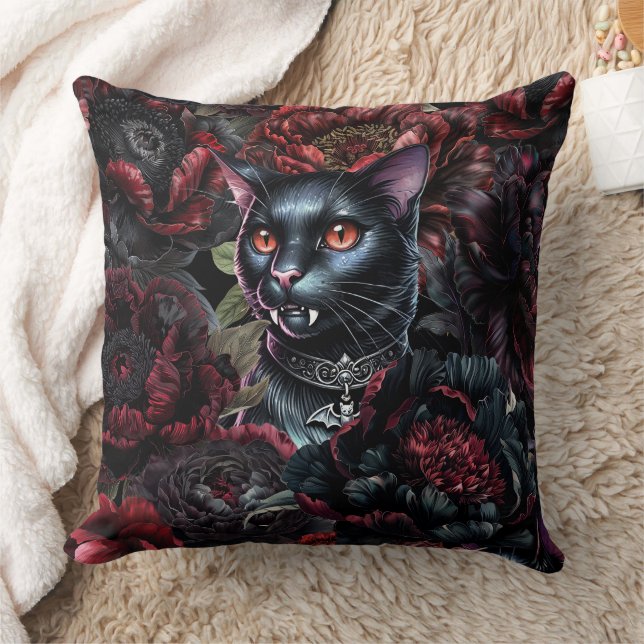 Gothic Black Cat & Dark Flowers Kissen (Decke)