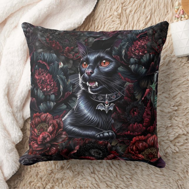 Gothic Black Cat & Dark Flowers Kissen (Decke)