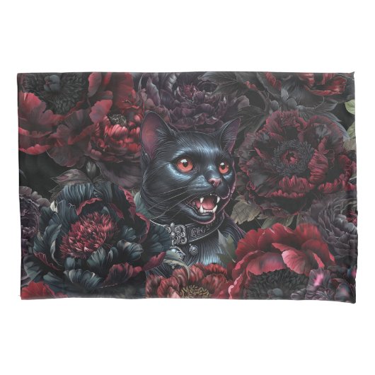 Gothic Black Cat & Dark Flowers Kissenbezug (Vorderseite)