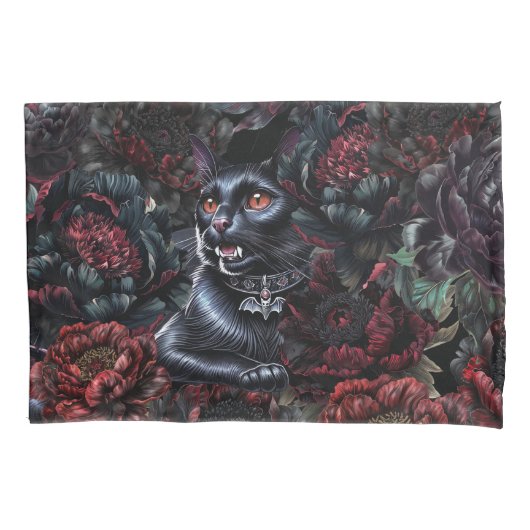 Gothic Black Cat & Dark Flowers Kissenbezug (Vorderseite)