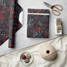 Gothic Black Cat & Dark Flowers Muster Geschenkpapier