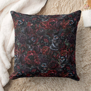 Gothic Black Cat & Dark Flowers Muster Kissen