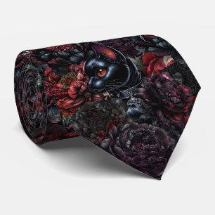 Gothic Black Cat & Dark Flowers Muster Krawatte