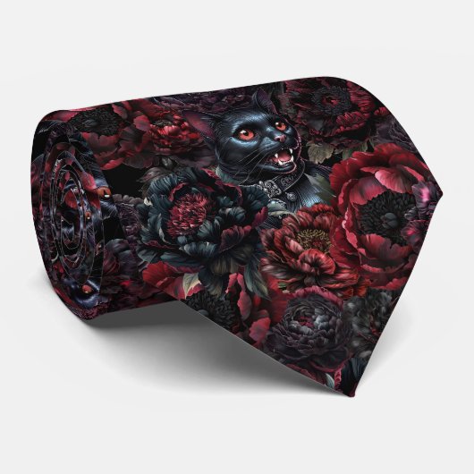 Gothic Black Cat & Dark Flowers Muster Krawatte (Gerollt)