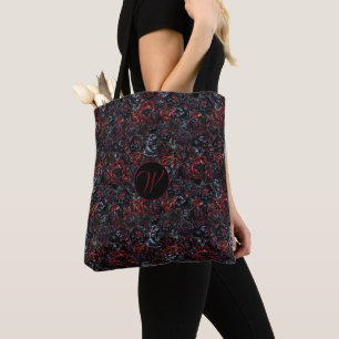 Gothic Black Cat & Dark Flowers Muster Monogramm Tasche