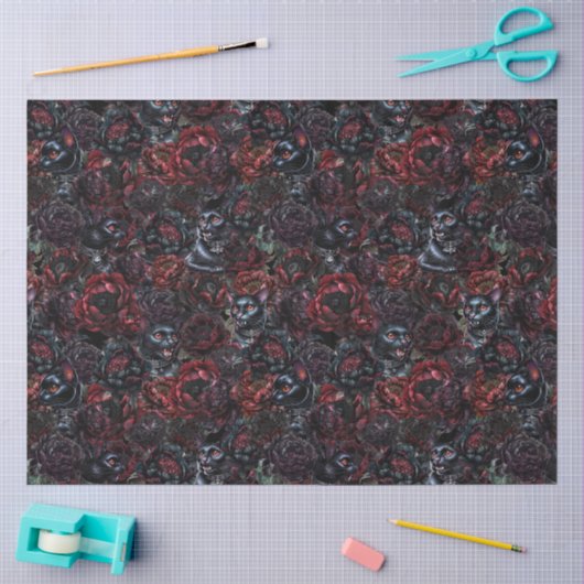 Gothic Black Cat & Dark Flowers Muster  Seidenpapier (Basteln)