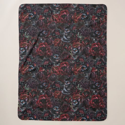 Gothic Black Cat & Dark Flowers Muster Sherpadecke (Vorderseite)