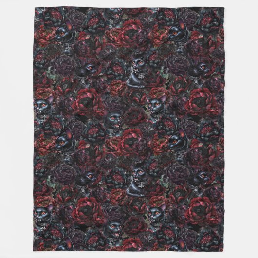 Gothic Black Cat & Dark Flowers Pattern  Fleecedecke (Vorderseite)