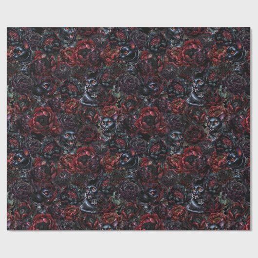 Gothic Black Cat & Dark Flowers Pattern  Geschenkpapier (Flach)