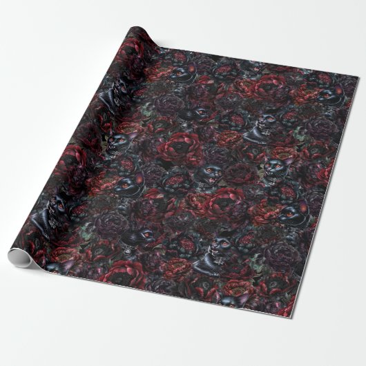 Gothic Black Cat & Dark Flowers Pattern  Geschenkpapier (Ungerollt)