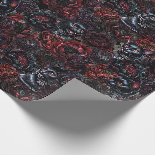 Gothic Black Cat & Dark Flowers Pattern  Geschenkpapier (Ecke)