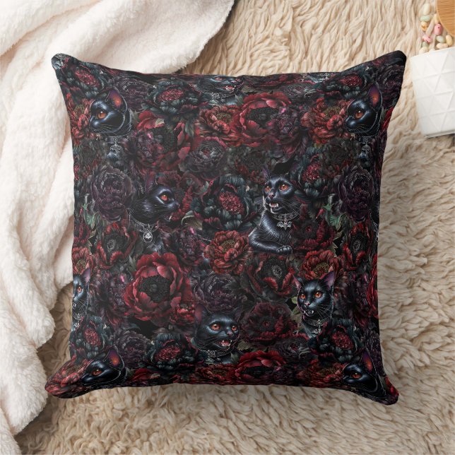 Gothic Black Cat & Dark Flowers Pattern Kissen (Decke)
