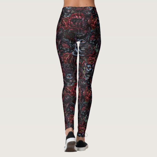 Gothic Black Cat & Dark Flowers Pattern Leggings (Rückseite)