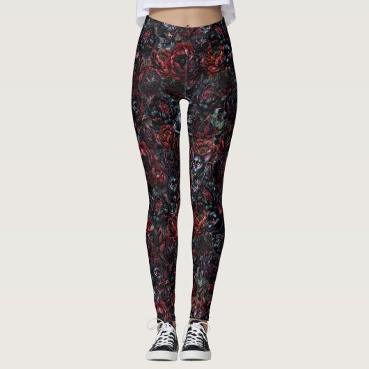 Gothic Black Cat & Dark Flowers Pattern Leggings (Vorderseite)