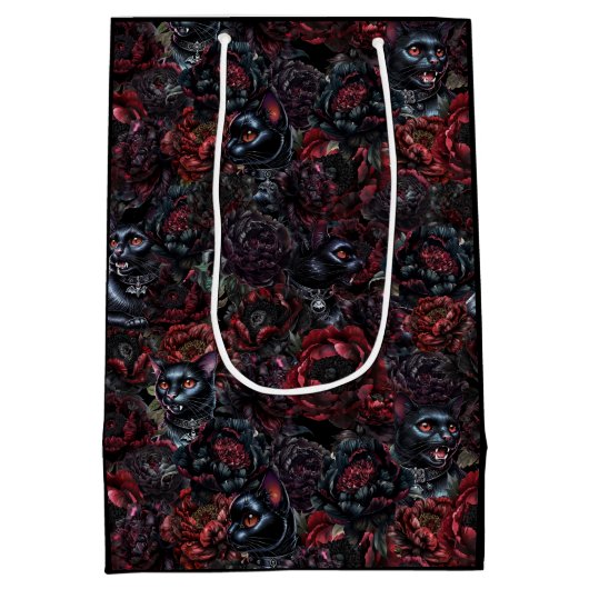 Gothic Black Cat & Dark Flowers Pattern Mittlere Geschenktüte (Rückseite)