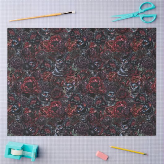 Gothic Black Cat & Dark Flowers Pattern  Seidenpapier (Basteln)