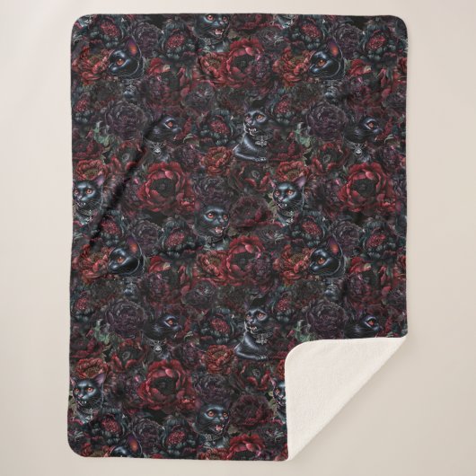 Gothic Black Cat & Dark Flowers Pattern Sherpadecke (Vorderseite)