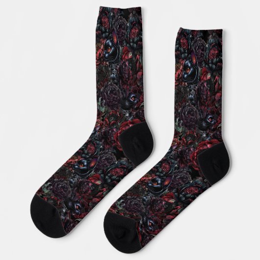 Gothic Black Cat & Dark Flowers Pattern  Socken (Linkes Detail)