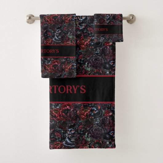 Gothic Black Cat & Dark Flowers Personalisiert Badhandtuch Set (Insitu)
