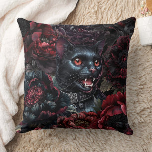 Gothic Black Cat & Dunkle Blumen Kissen