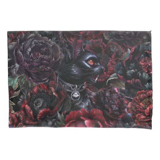 Gothic Black Cat & Dunkle Blumen  Kissenbezug (Vorderseite)