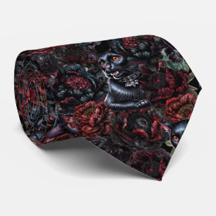 Gothic Black Cat & Dunkle Blumen Muster Krawatte