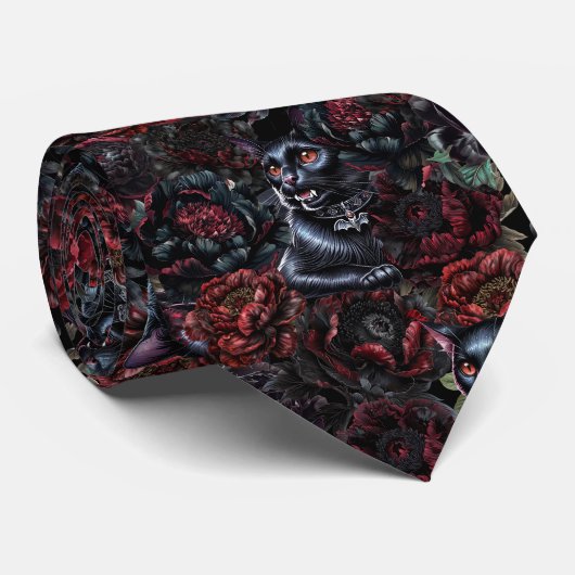 Gothic Black Cat & Dunkle Blumen Muster Krawatte (Gerollt)