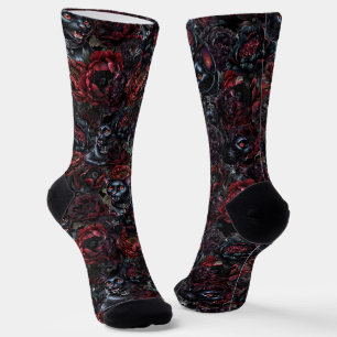 Gothic Black Cat & Dunkle Blumen Muster Socken