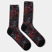 Gothic Black Cat & Dunkle Blumen Muster Socken (Rechts)