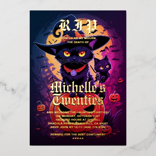 Gothic Black Cat Hexe Halloween Folieneinladung (Vorderseite)