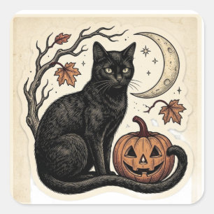 Gothic Black Cat Kürbis Halloween Vintage Aufklebe Quadratischer Aufkleber