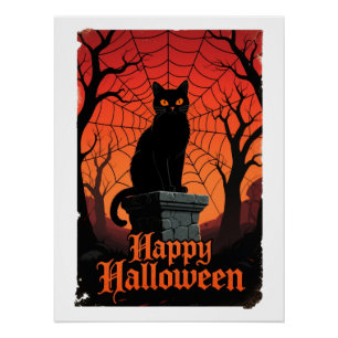Gothic Black Cat Spiderweb Vintag Halloween Par Poster