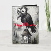 Gothic Black Crow & Tower Spooky Halloween Karte (Vorderseite)