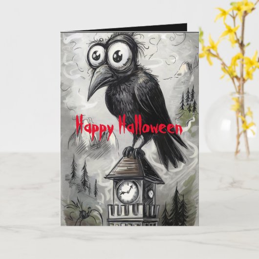 Gothic Black Crow & Tower Spooky Halloween Karte (Gelbe Blume)